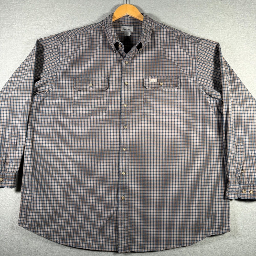 Carhartt Mens 3XL Tall Plaid Long Sleeve Button‎ Down Work Shirt Blue S124ICB